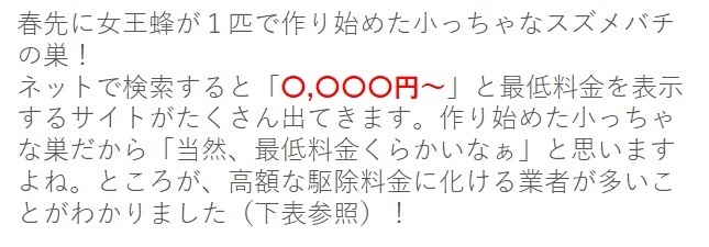 ハチ駆除料金の最低料金表示