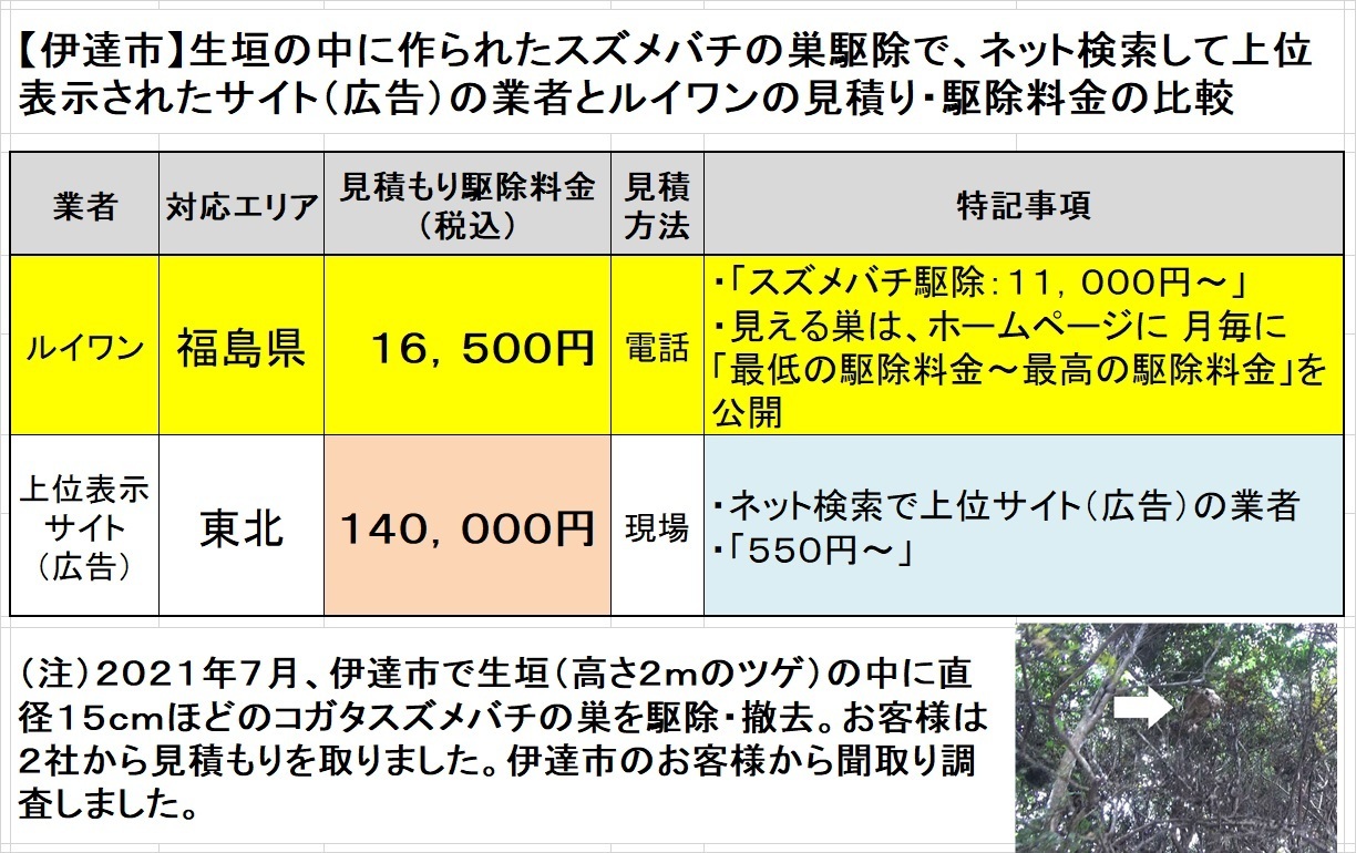 スズメバチ駆除料金の比較