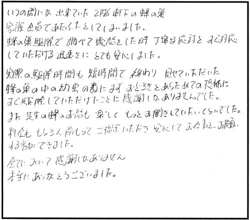 本宮市でスズメバチ駆除のお客様の声