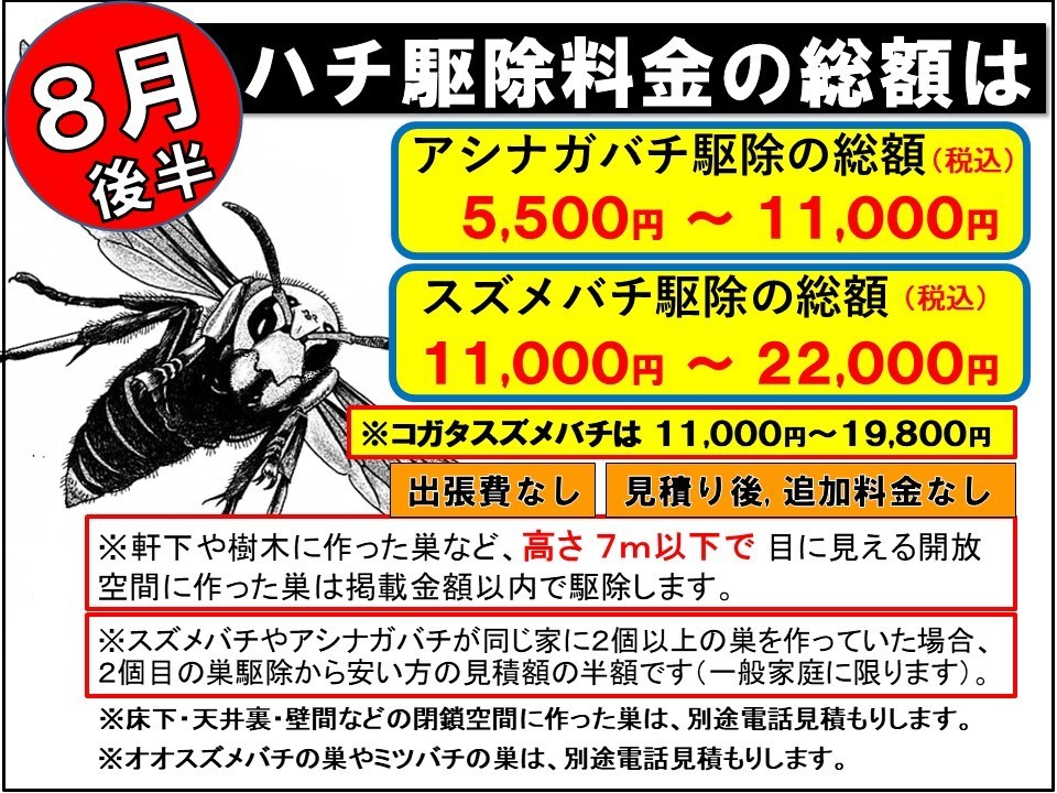 ハチ駆除のトータル料金を月別に公開