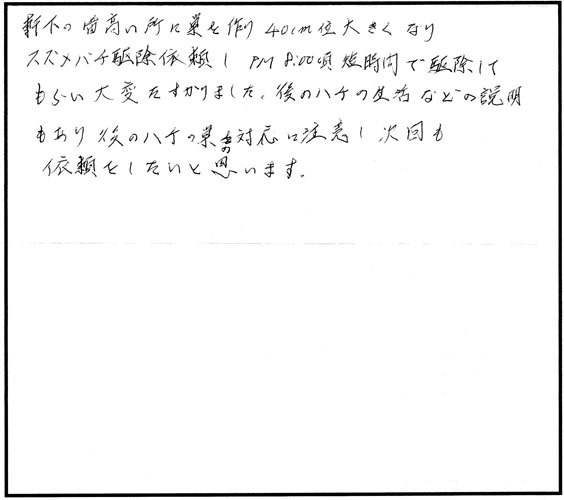 郡山市緑が丘東の上石 様からのスズメバチ駆除の口コミ