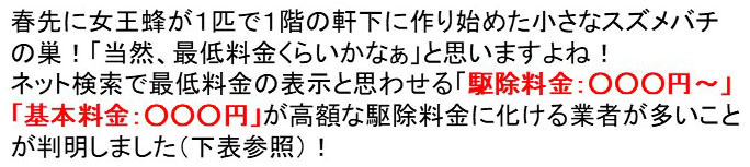 ハチ駆除 料金の表示に注意