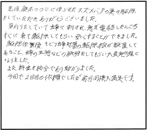 郡山市でコガタスズメバチ駆除の口コミ