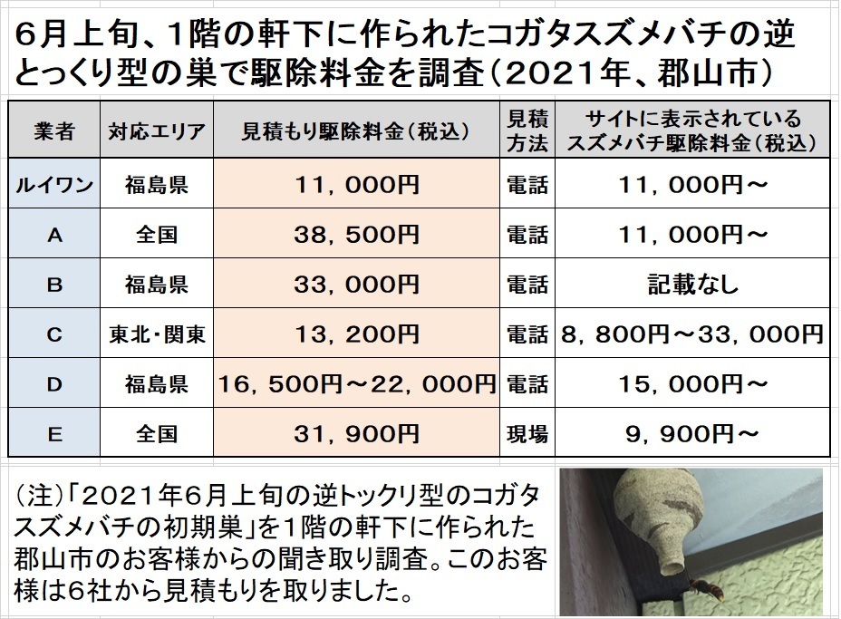 スズメバチ駆除料金の比較