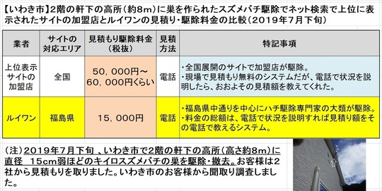 いわき市で２階の軒下のキイロスズメバチの駆除料金比較
