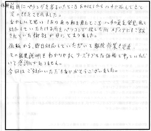 郡山市でコガタスズメバチ駆除の佐々木様からの口コミ