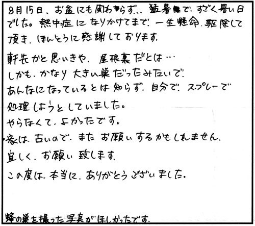 会津美里市で屋根裏のキイロスズメバチ駆除のＳＹ 様からの口コミ