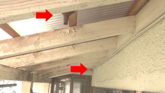 ベランダの天井に２個の逆とっくり型の巣