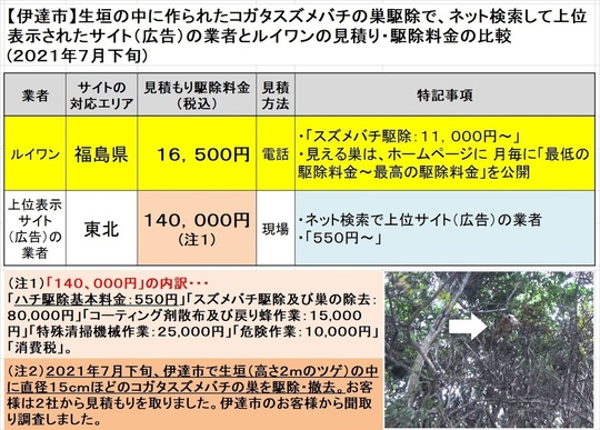伊達市で生垣の中に作ったスズメバチの巣駆除の料金を比較