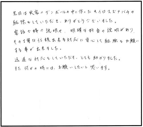 福島市で段ボール箱のキイロスズメバチ駆除の口コミ